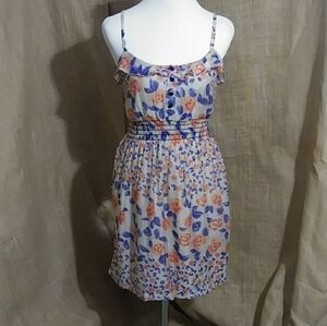 SALE - Beige Lined Floral Orange Blue Silky AUDREY Dress M